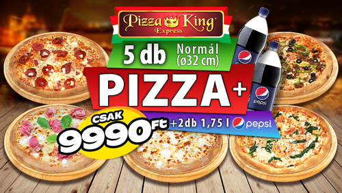 Pizza King 7 - 5 db normál pizza 2db 1,75l Pepsivel - Szuper ajánlat - Online rendelés